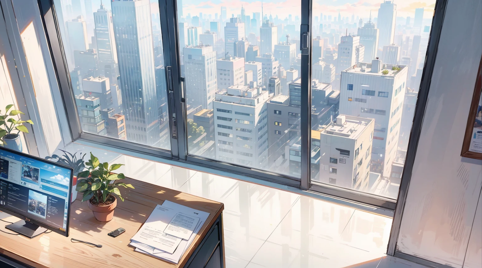 (best quality,masterpiece:1.2,detailed details,4k), office, president's office, floor-to-ceiling windows, potted plants, computers and documents on the desk, top-down view scene,