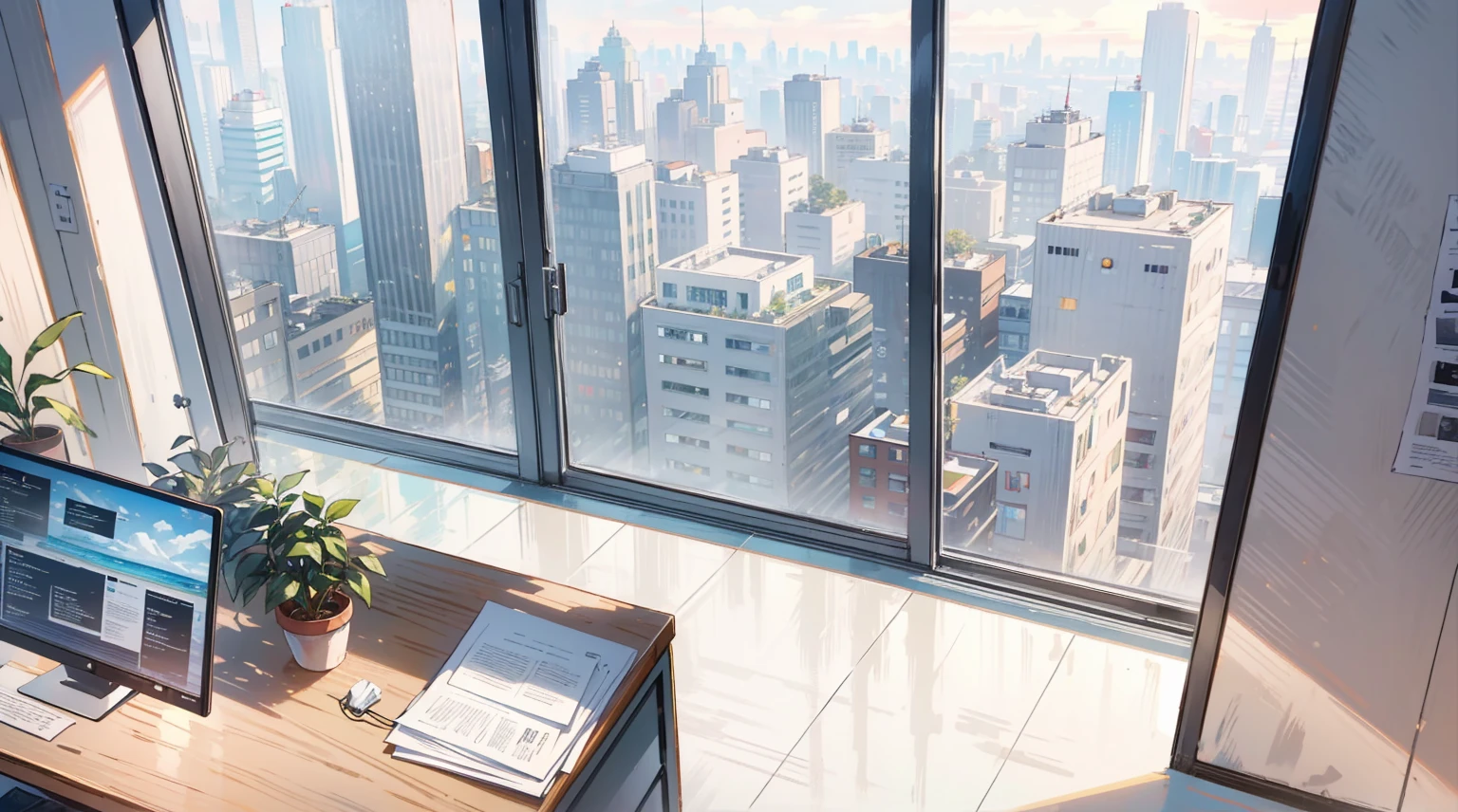 (best quality,masterpiece:1.2,detailed details,4k), office, president's office, floor-to-ceiling windows, potted plants, computers and documents on the desk, top-down view scene,