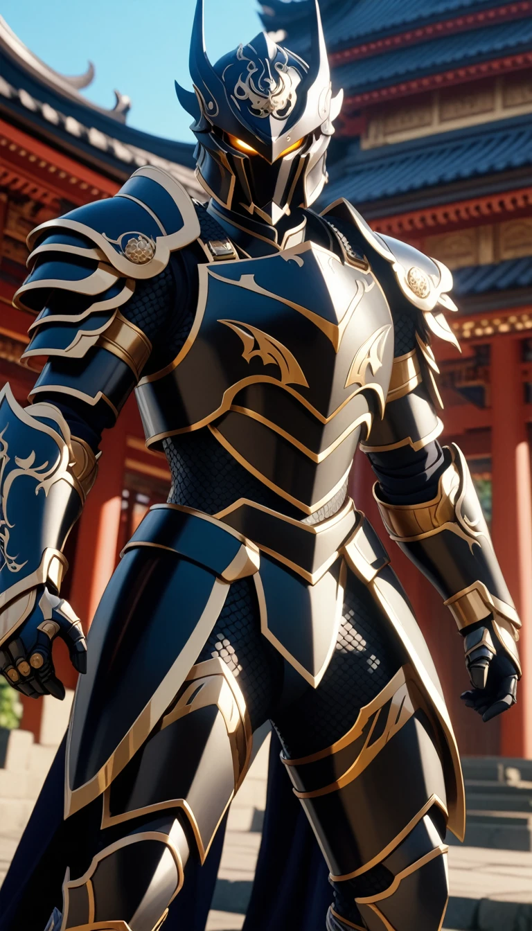 An epic closeup of the dark fighter, looking at the viewer, (alone), light full body armor, (The armor covers the entire body), negro, golden edges, Dragon Eye Inlaid Armor, combat pose, full body shot, in a temple in the background, anime screencap, Masterpiece, The best quality, high detail, high resolution, UHD, 4k, 8k