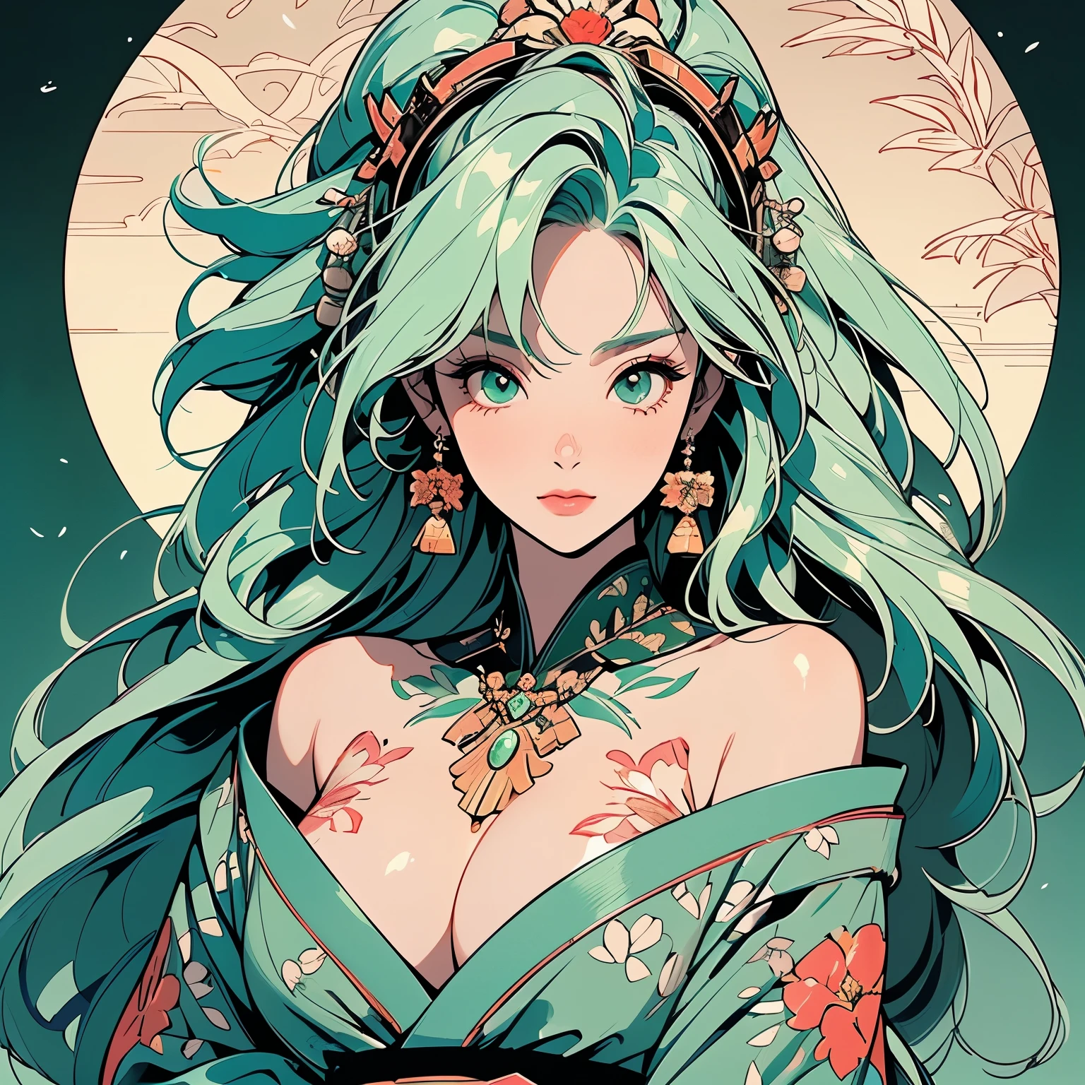 ultra complicated kimono, perfect kimono, detailed kimono, masterpiece, ultra complicated, torii gate, night view, forest, lake, one woman, perfect face, lantern, faint lighting, mysterious, (((head shot))), (((ultra detailed pale green hair))), sparkling eyes, mysterious, colorful sash, wind blowing,panorama, long shot, ultra complicated background, (((ultra complicated perfect Large bird head motif headdress))), (((ultra complicated perfect bird's feathers))), 32k, Various angles, various poses,(((Ultra detailed bird's head))),(((Hair and bird feathers fused together))),(((have a glimpse of one's chest))),(((Shoulders and chest exposed))),(((ultra complicated Large flower tattoo on the chest))), (((Nipples)))