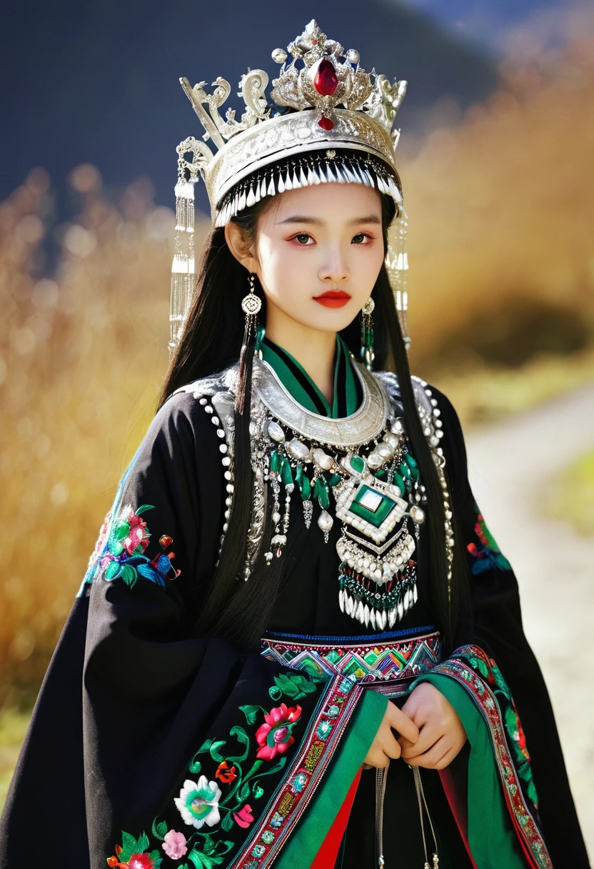 A young 18-year-old Chinese ethnic minority girl, with lustrous jet-black hair, wearing exquisite traditional Miao ethnic clothing, a magnificent silver crown adorned with ruby and emerald jewels ((centered)), 32K, highres