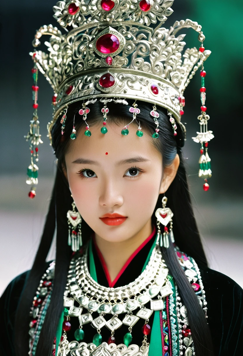 A young 18-year-old Chinese ethnic minority girl, with lustrous jet-black hair, wearing exquisite traditional Miao ethnic clothing, a magnificent silver crown adorned with ruby and emerald jewels ((centered)), 32K, highres