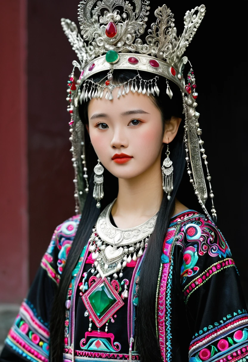 A young 18-year-old Chinese ethnic minority girl, with lustrous jet-black hair, wearing exquisite traditional Miao ethnic clothing, a magnificent silver crown adorned with ruby and emerald jewels ((centered)), 32K, highres