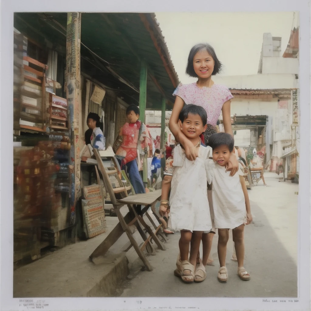 there are two children standing on the sidewalk in front of a store, standing in township street, standing in a township street, in a village street, lim chuan shin, ruan jian, in a street, inspired by Zhang Kechun, at a city street, jia ruan, in city street, in a narrow chinese alley, ca. 2001