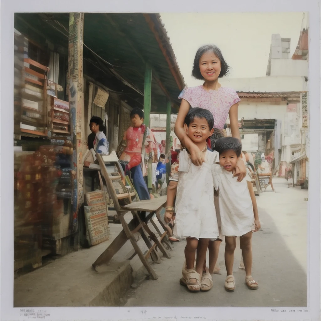 there are two children standing on the sidewalk in front of a store, standing in township street, standing in a township street, in a village street, lim chuan shin, ruan jian, in a street, inspired by Zhang Kechun, at a city street, jia ruan, in city street, in a narrow chinese alley, ca. 2001