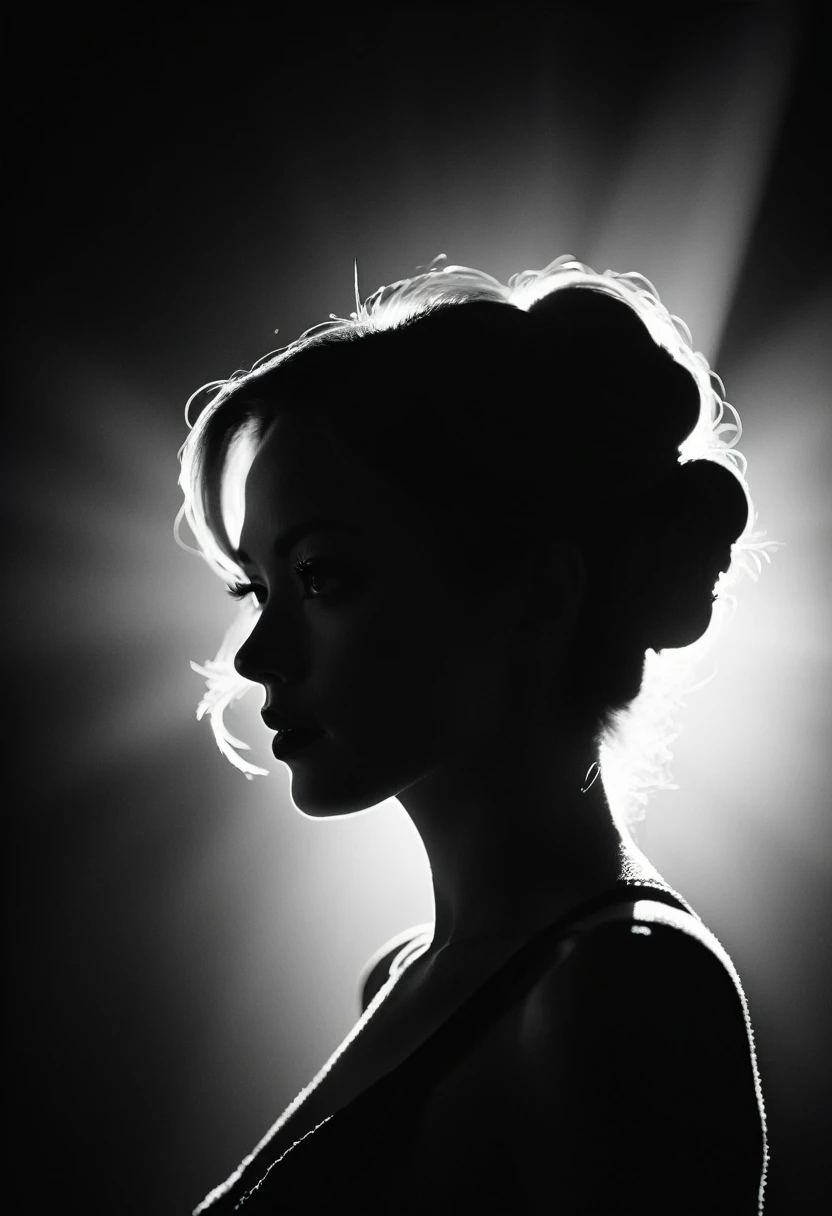 black and white, Candid silhouette of a woman, half body shot, whimsical photography style, captured with an Arriflex 35BL camera using Canon K25 prime lenses, cinematic, dramatic lighting, ultra clear, breathtaking surreal masterpiece.