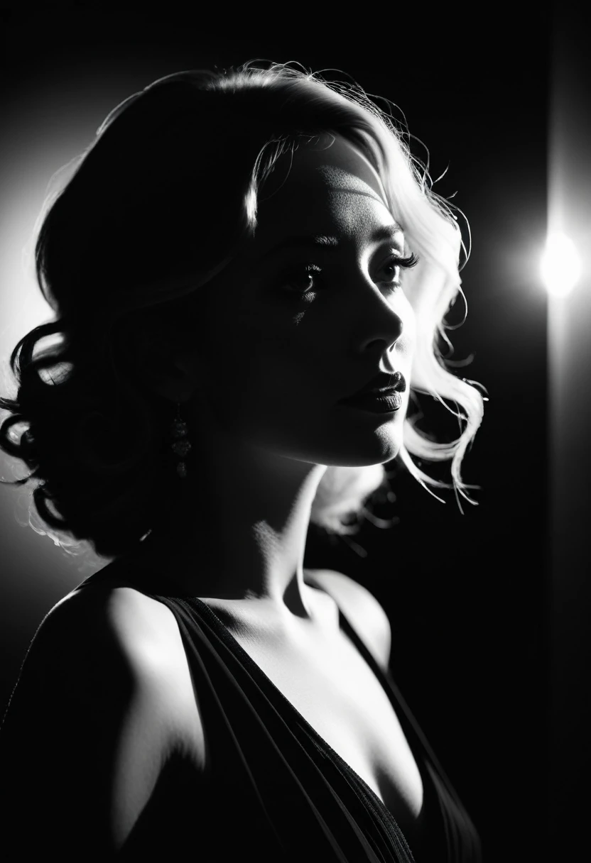 black and white, Candid silhouette of a woman, half body shot, whimsical photography style, captured with an Arriflex 35BL camera using Canon K25 prime lenses, cinematic, dramatic lighting, ultra clear, breathtaking surreal masterpiece.