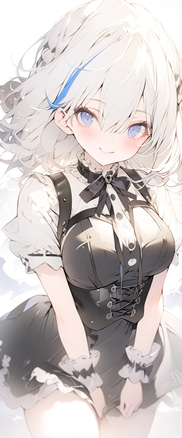 beautiful, masterpiece, Highest quality, anime, One girl, C Cup,Portrait Shot, View your viewers, Covered、Medium Hair、nearby、Blue Eyes、art、、White hair,Blue streaked hair、wallpaper、Cute smile、Thighs、Cute、Beautiful breasts、Full Harness、valley、white_Gothic Lolita Coordination、corset、Courtesy、white_Frilled Skirt、alley、suspenders