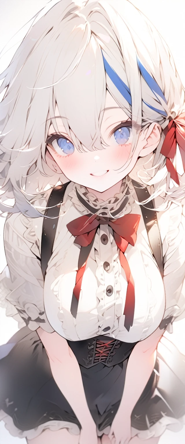 beautiful, masterpiece, Highest quality, anime, One girl, C Cup,Portrait Shot, View your viewers, Covered、Medium Hair、nearby、Blue Eyes、art、、White hair,Blue streaked hair、wallpaper、Cute smile、Thighs、Cute、Beautiful breasts、Full Harness、valley、white_Gothic Lolita Coordination、corset、Courtesy、white_Frilled Skirt、alley、suspenders