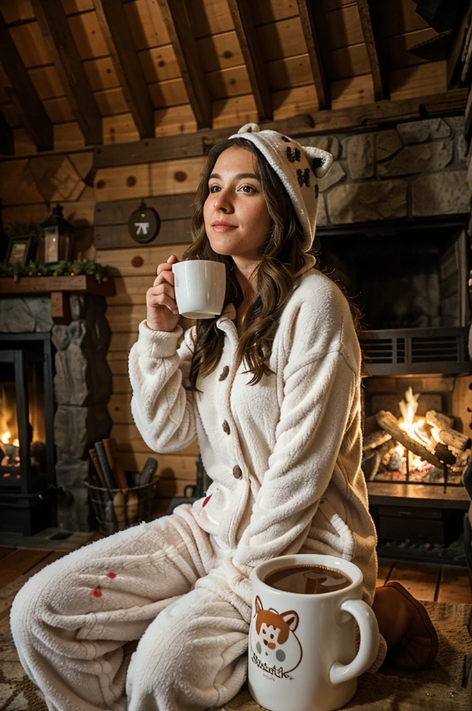 a woman in a cozy onesie outfit, nestled by a crackling fireplace in a cabin in the woods, her onesie patterned with adorable woodland creatures, sipping hot cocoa from a mug, a scene of comfort and relaxation
