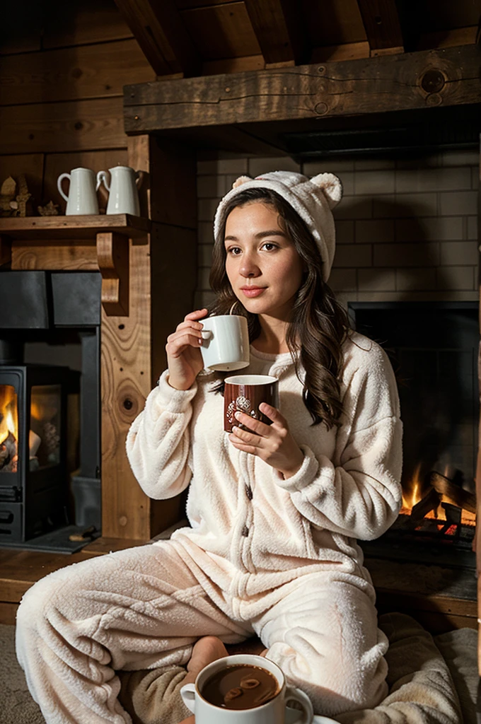 a woman in a cozy onesie outfit, nestled by a crackling fireplace in a cabin in the woods, her onesie patterned with adorable woodland creatures, sipping hot cocoa from a mug, a scene of comfort and relaxation