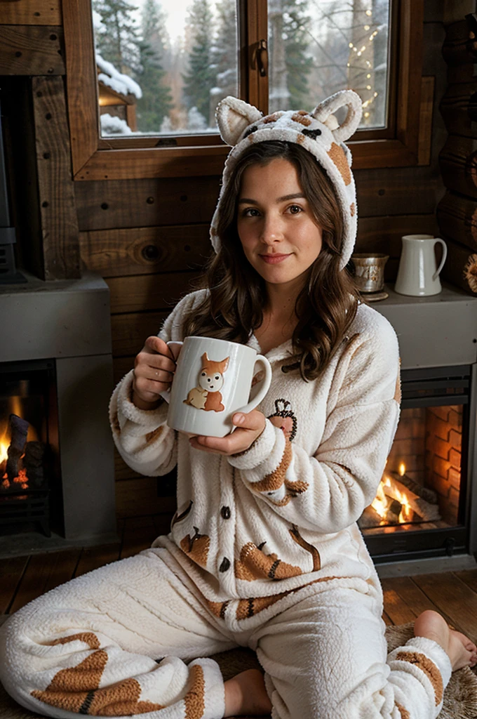 a woman in a cozy onesie outfit, nestled by a crackling fireplace in a cabin in the woods, her onesie patterned with adorable woodland creatures, sipping hot cocoa from a mug, a scene of comfort and relaxation