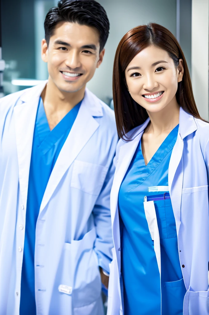 Male dentist and female dental hygienist 2people A good business partner 日本people系 Wearing a lab coat Wearing medical scrubs Upper body close-up high resolution high resolution Highest quality 日本people Harmony々