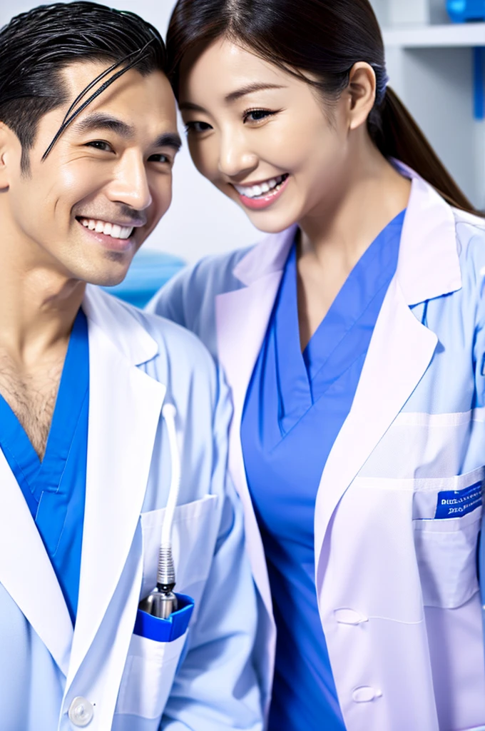 Male dentist and female dental hygienist　２people　A good business partner　日本people系　Wearing a lab coat　Wearing medical scrubs　Upper body close-up　high resolution　high resolution　Highest quality　日本people　Harmony々