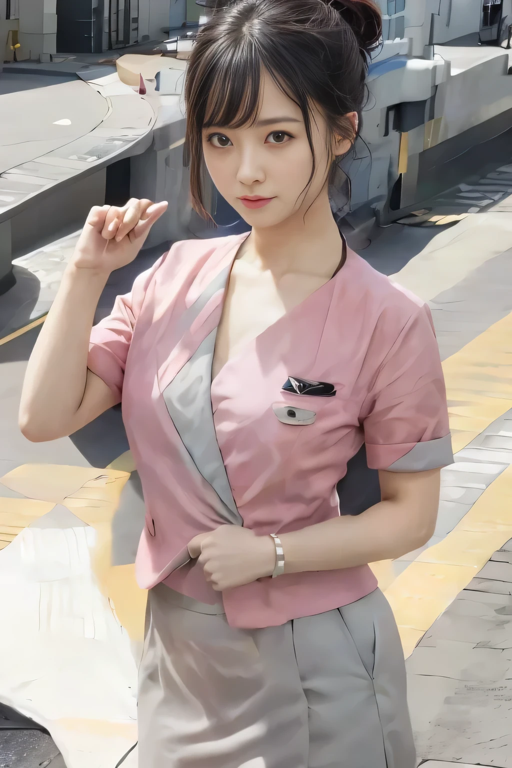 (masterpiece:1.2, Highest quality:1.2), 32k HDR, High resolution, (alone、1 girl)、 (Height: 160cm)、（On the rooftop of a building in the daytime、Professional Lighting）、Building rooftop background、（Nankai train crew uniform pinkを着たリアルスタイル）、（Nankai train crew uniform pink short sleeve collarless pink jacket、Nankai Train Crew Uniform Pink Collarless Short Sleeve Blouse、Nankai Train Crew Uniform Pink Grey Knee-length Culottes）、（The pink jacket is showing from the culottes.）、Dark brown hair、（Hair tied up、Hair tied up、Evening curly hairstyle）、Dark brown hair、Long Shot、Big Breasts、Thin legs、（（Great hands：2.0）），（（Harmonious body proportions：1.5）），（（Normal limbs：2.0）），（（Normal finger：2.0）），（（Delicate eyes：2.0）），（（Normal eyes：2.0））)、smile、（Nankai Train Crew Uniform Pink Grey Knee-length Culottesを見せた美しい歩く姿）、Place your hands around your stomach、Lanyard employee ID card