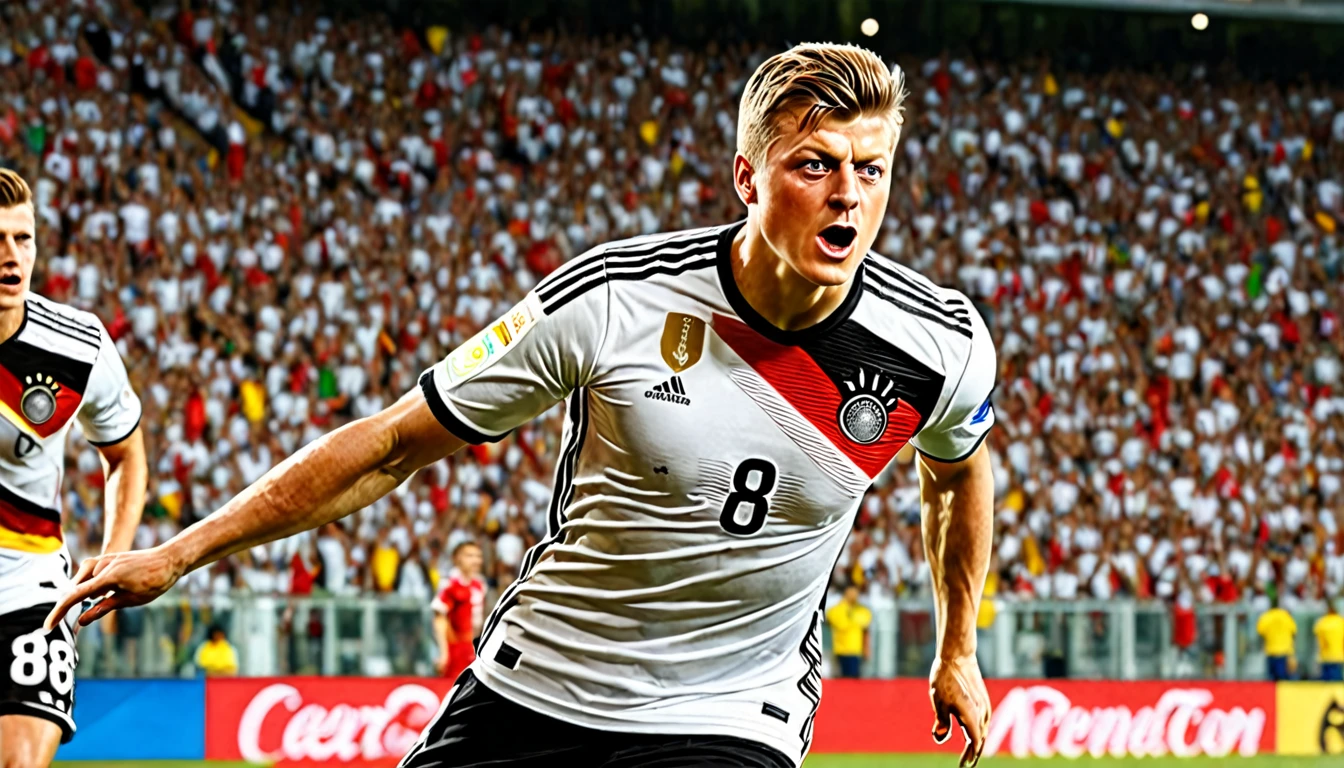 high quality, hyperdetailed, 3d, dynamic, dramatic lighting, highly detailed, photorealistic, 1 german male soccer team, soccer players, athletes, football, soccer, team, sports, sports uniforms, soccer jerseys, cleats, soccer ball, soccer field, stadium, crowds, cheering fans, flags, banners, action pose, muscular figures, sweat, motion blur, depth of field, germnan flag on jersey, (Toni Kroos), (jersey nr. 8)