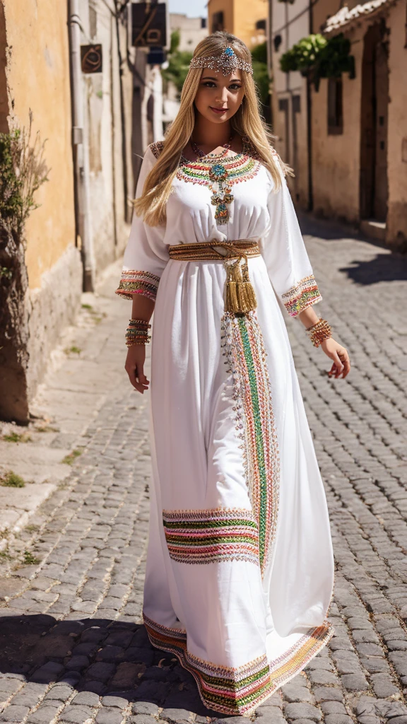 beautifull hot german blonde, robe kabyle, berber, amazigh dress, kabyledress, tizi ouzou, berber outfil, kabylegirl, bijoux, street background, full body, realistic, white robe