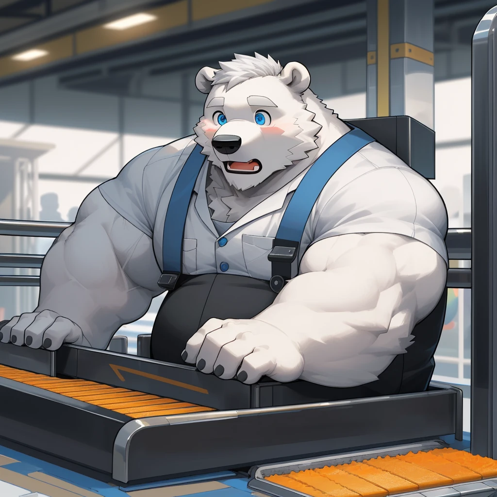 masterpiece, best quality, 8k resolution, Very detailed, hairy，(((polar bear))，(((Mature)))，(((beard))),(((fat)))，(((White hair all over body)))，(((portrait)))，(((White hair)))，(((Toy制造厂)))，For the audience，(((Worker clothing))),(((assembly line)))，(((surprised)))，Highest quality scene，(((whole body)))，((( Blue Eyes))),(((Work while sitting)))，(((Fat-enclosed muscle)))，(((Round face)))，(((alone)))，(((Strong body)))，(((conveyor belt)))，(((Toy)))