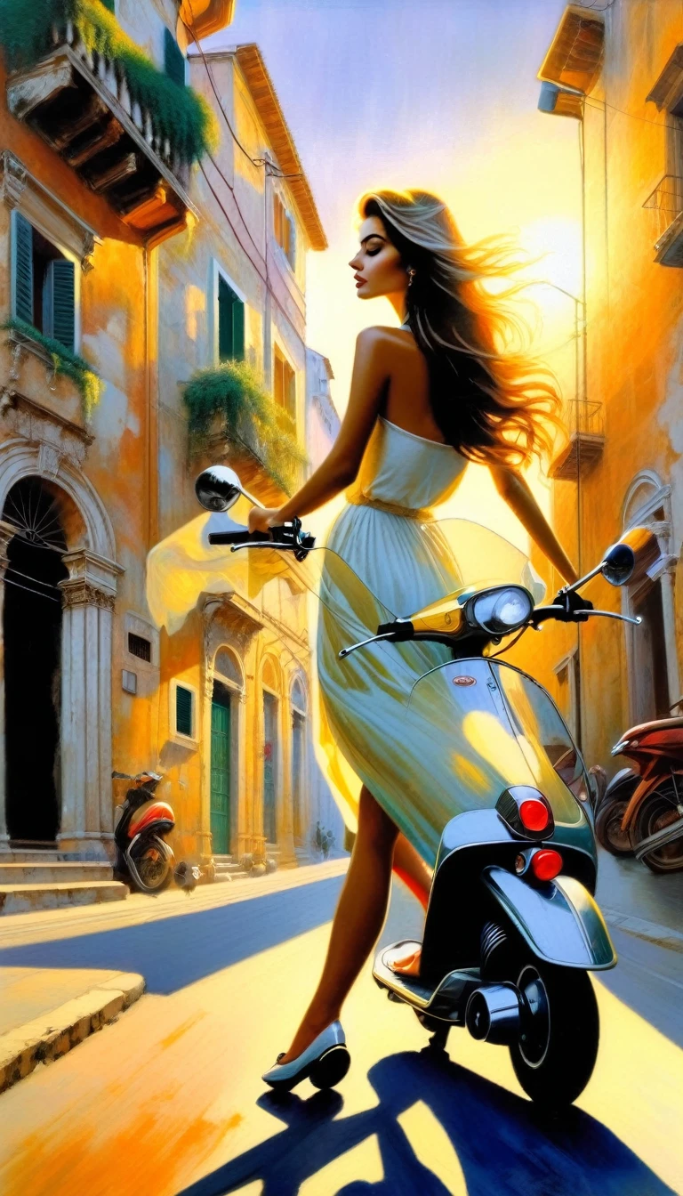 pretty 1girl on 1scooter in the scene in a street of a classic Italian stone town: 1.5, sunrise, great detail of buildings, towers, (art inspired by Bill Sienkiewicz). oil painting)
