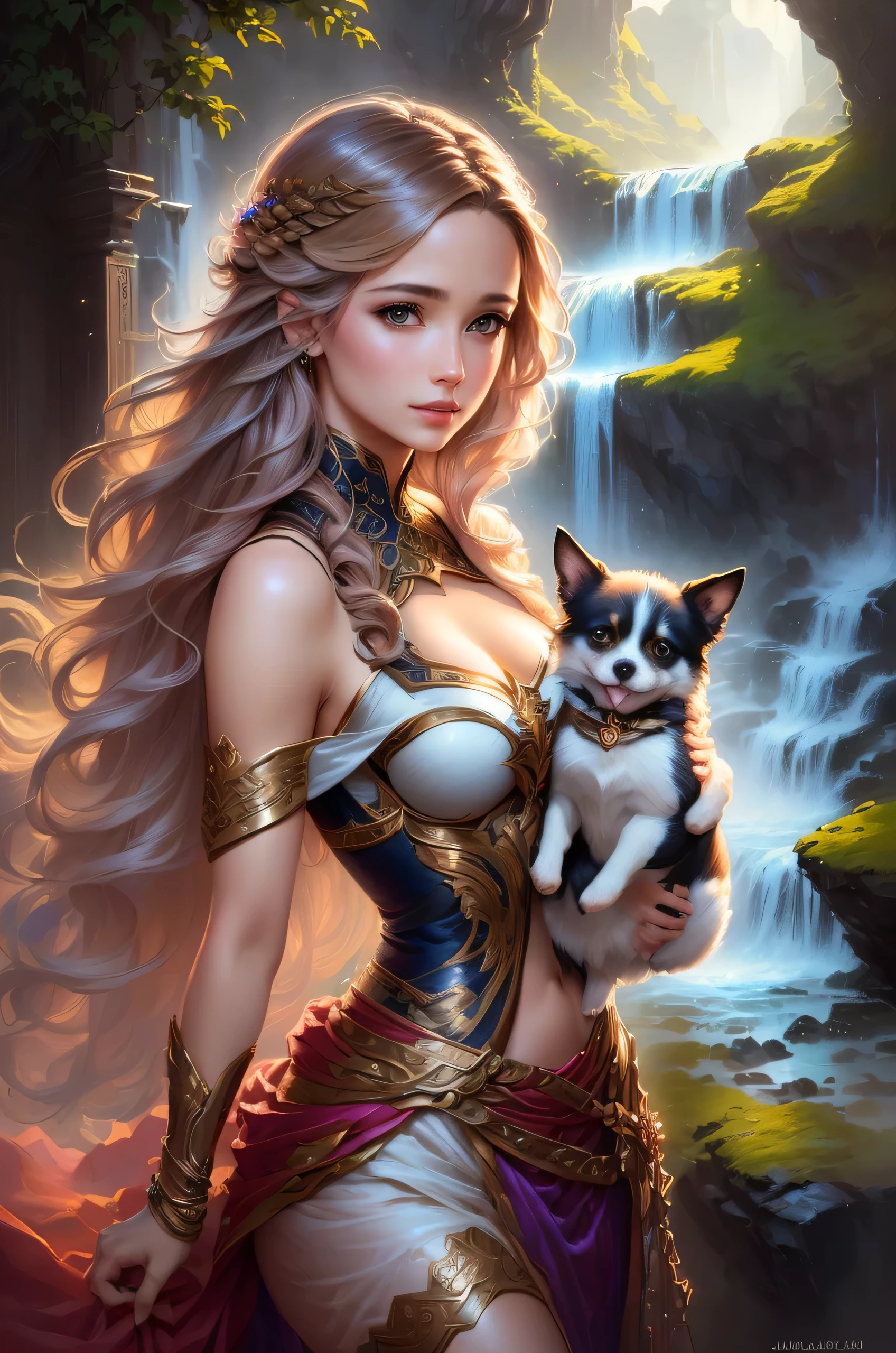 There is a woman holding a small dog in front of a waterfall., Magali Villeneuve, beautiful fantasy art portraits, Jan J, Fan Chi, Beautiful digital art, Fantasy art style, Cute and detailed digital art, fantasy art portraits, Adorable digital painting, Beautiful character drawings, Beautiful fantasy art, Beautiful digital painting, グラフィックアーティスト Magali Villeneuve