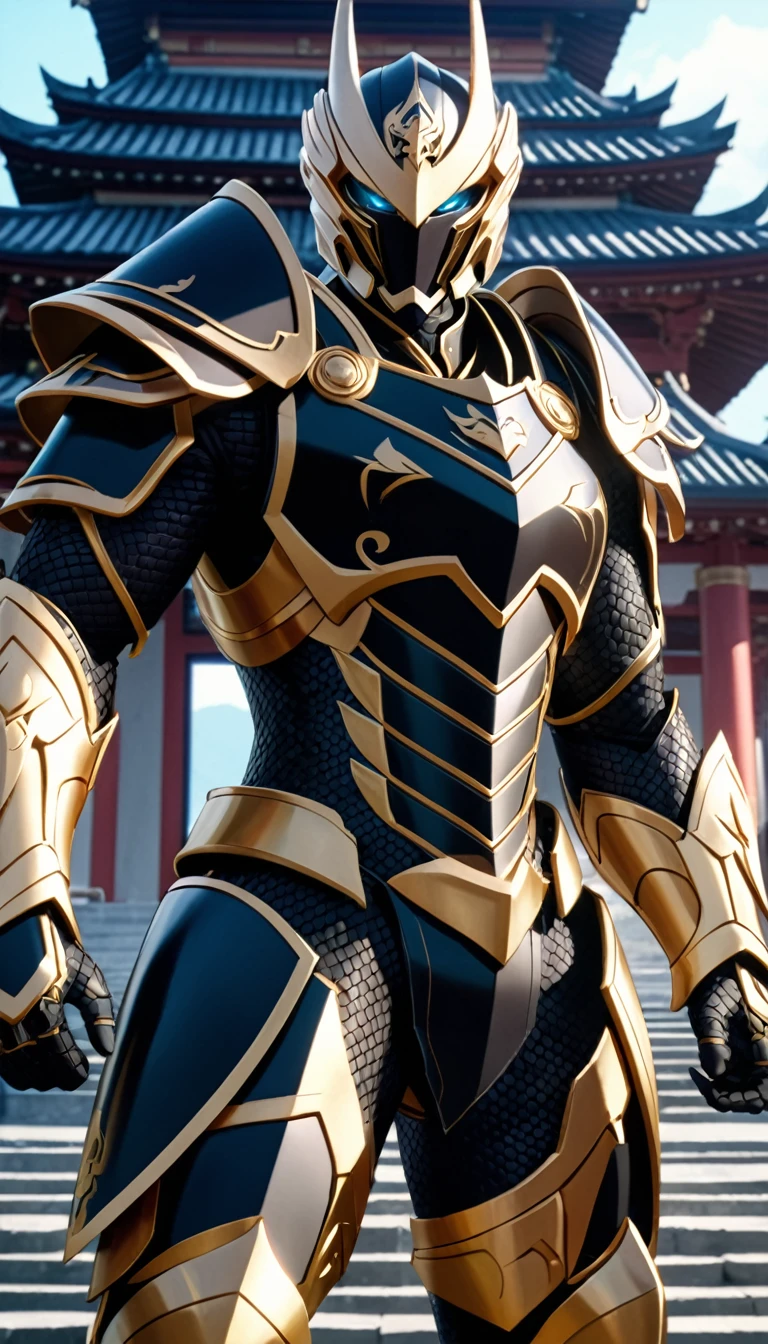 An epic closeup of the dark fighter, looking at the viewer, (alone), light full body armor, (The armor covers the entire body), negro, golden edges, Dragon Eye Inlaid Armor, combat pose, full body shot, in a temple in the background, anime screencap, Masterpiece, The best quality, high detail, high resolution, UHD, 4k, 8k