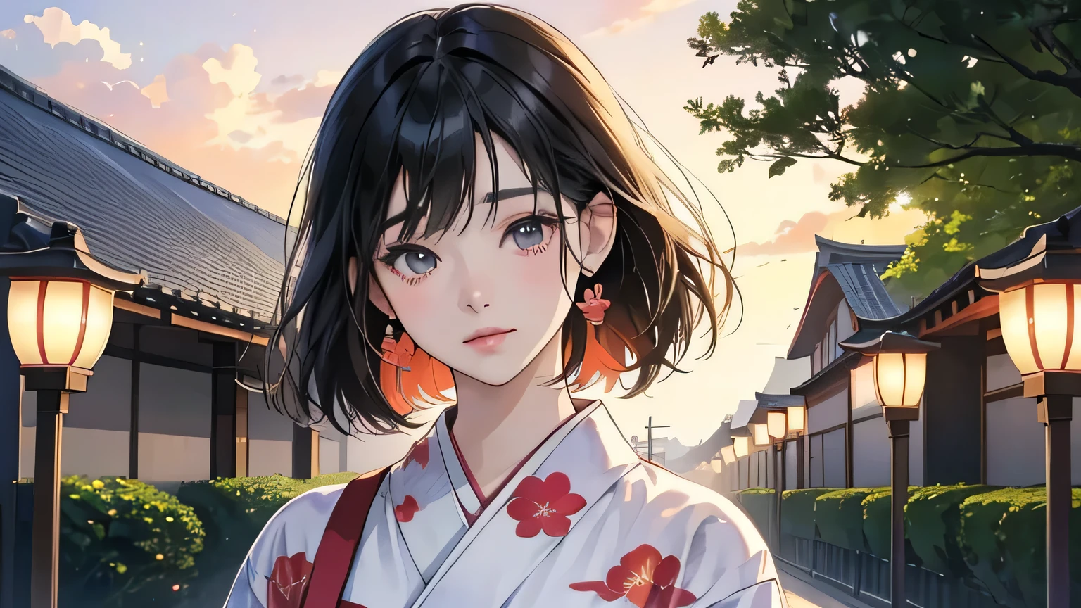 Japanese summer festival black hair anime girl wearing yukata, Realistic anime art style, Beautiful anime portraits, Digital anime illustration, Realistic anime art style, Anime Moe Art Style, Cute girl anime visuals, A black-haired anime girl stands alone wearing a yukata at a Japanese summer festival, Young Anime Girl, Attractive anime girl, Anime style portrait, Gweiz-style artwork