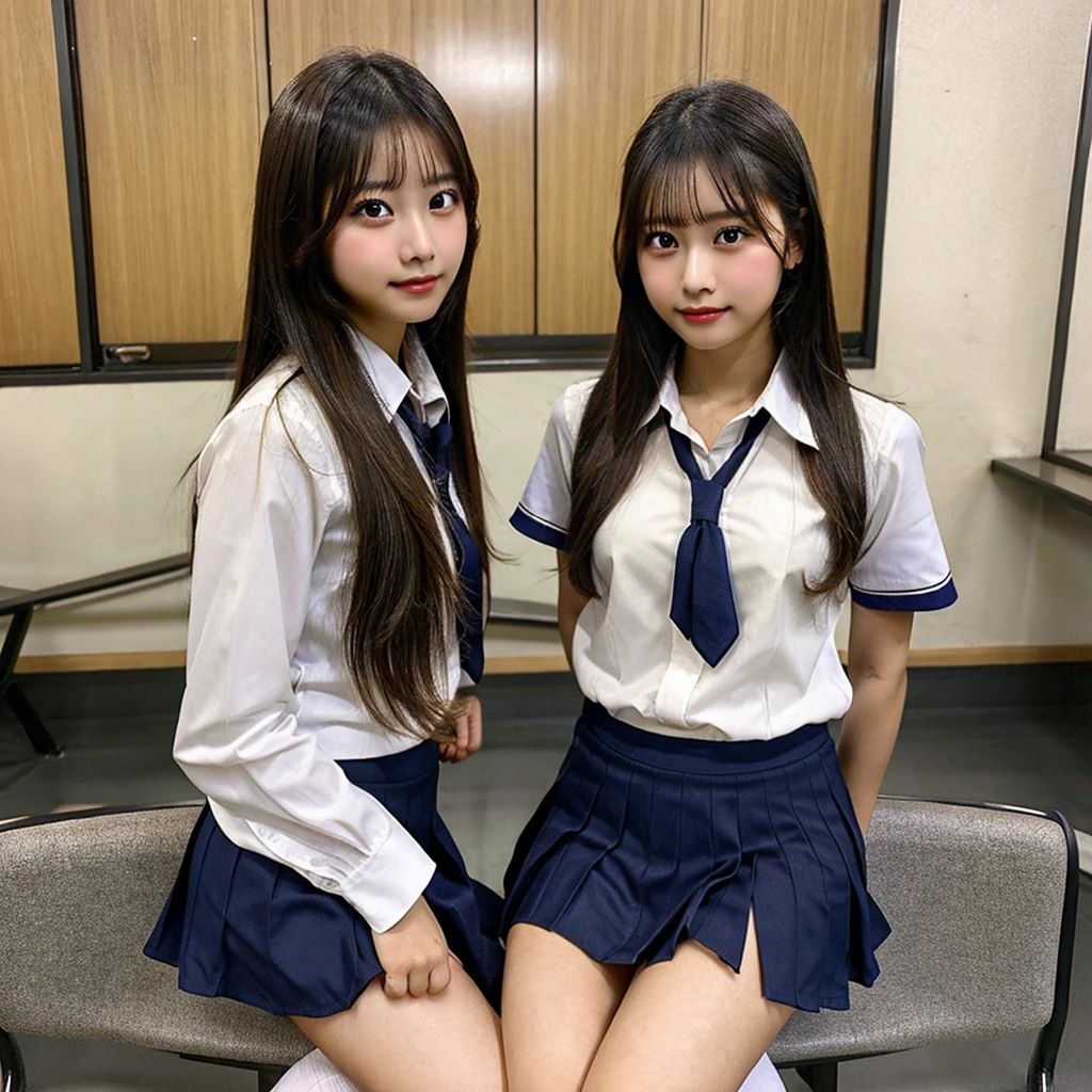 Arafed Asian woman in a short skirt, pretty, detailedeyes, Double eyelidm, Wheat toned skin, sexy feminine, schoolar uniform, dentro da sala de aula, half-squat