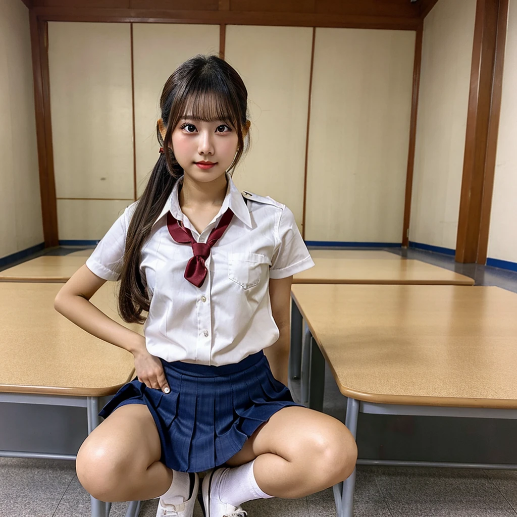 Arafed Asian woman in a short skirt,  pretty, detailedeyes, Double eyelidm, Wheat toned skin, sexy feminine, schoolar uniform, dentro da sala de aula, half-squat