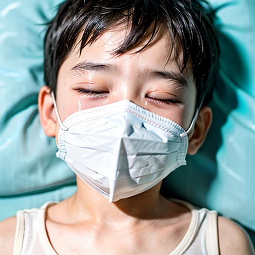 Handsome kindergarten boy with infectious disease、Appearance of suffering. He is wearing a white mask. He has a high fever. he is sleeping. He has a cough. He is exhausted. He is taking his temperature with a thermometer. He is dying. He is cooling his forehead with a cooling gel sheet..Are crying