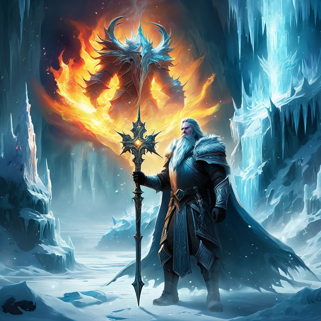 "High in the frozen peaks, amidst a temple encased in ice and shrouded in ancient magic, the Ice King awakens from centuries of slumber. As the eternal winter spreads from his domain, chilling the hearts of mortals and freezing the land in its grasp, whispers of a long-forgotten prophecy resurface. It speaks of a hero destined to challenge the Ice King's dominion, armed with a relic of fire that can thaw the coldest of hearts and melt the icy prison holding the kingdom in thrall.
Against a backdrop of swirling snowstorms and treacherous ice caverns, the hero embarks on a perilous quest. Alongside loyal companions and guided by cryptic visions, they must navigate through enchanted puzzles, confront elemental guardians, and ultimately face the Ice King himself in a battle that will determine the fate of the realm. Will the hero's courage and the power of fire be enough to break the icy curse and restore warmth and light to a land trapped in eternal winter