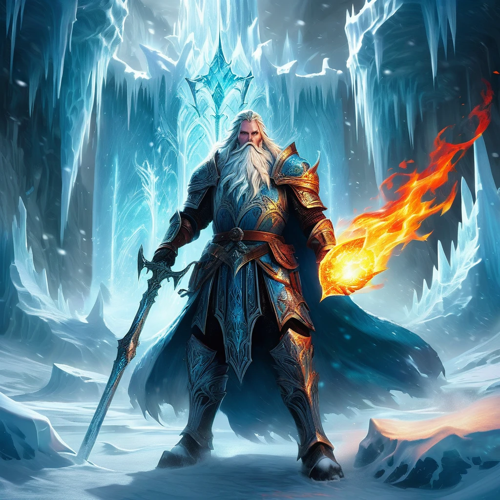 "High in the frozen peaks, amidst a temple encased in ice and shrouded in ancient magic, the Ice King awakens from centuries of slumber. As the eternal winter spreads from his domain, chilling the hearts of mortals and freezing the land in its grasp, whispers of a long-forgotten prophecy resurface. It speaks of a hero destined to challenge the Ice King's dominion, armed with a relic of fire that can thaw the coldest of hearts and melt the icy prison holding the kingdom in thrall.
Against a backdrop of swirling snowstorms and treacherous ice caverns, the hero embarks on a perilous quest. Alongside loyal companions and guided by cryptic visions, they must navigate through enchanted puzzles, confront elemental guardians, and ultimately face the Ice King himself in a battle that will determine the fate of the realm. Will the hero's courage and the power of fire be enough to break the icy curse and restore warmth and light to a land trapped in eternal winter