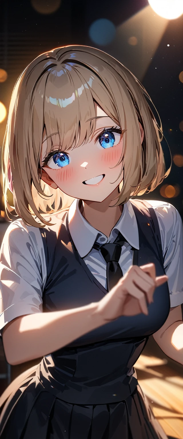 (((One girl))), blond hair, bob cut, (cowboy shot), (looking at viewer), face in focus, breasts, teenager, head tilt:1.3, (((blue eye))), ((happy smile)), ((blush)), school summer uniform, white shirts, ((black tie under the waistcoat)), black skirt, black waistcoat, anime style, (best quality, 4k, 8k, highres, masterpiece:1.2, ultra-detailed, ultra-detailed eyes, HDR, UHD, studio lighting, ultra-fine painting, sharp focus, physically-based rendering, extreme detail description, professional, vivid colors, bokeh)