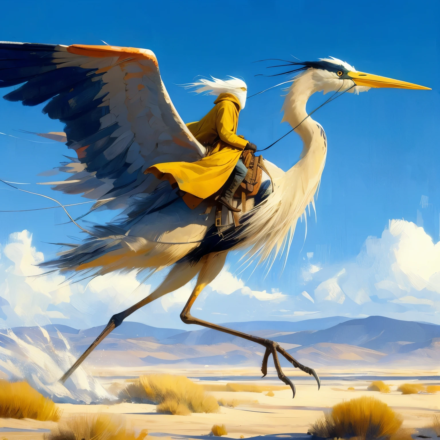 create a main character an 20 foot tall large two legged bird carrying a white haired man in a saddle, two leg bird similar to the great blue heron, the bird is sattled, the bird has only two legs, bird only has two legs, in a beautiful flat desert landscape of a 3d video game vista, dynamic pose, riding a giant tall blue heron bird, Jean Giraud, extreme long shot, in splash impressionist art style, the main character wears a long yellow tan trench coat with hood and tinted goggles, endless miles of blowing sand dunes, riders in the far distance, blue skies with billowing white clouds pink tinged, blowing boiling swirling wind, blowing leaves of grass, dark yellow and azure, majestic, sweeping seascapes, photorealistic representation, graceful balance, wimmelbilder, Andrew Wyeth, orange, Leaves of Grass, in the art style of Jean Giraud,flynnrider
