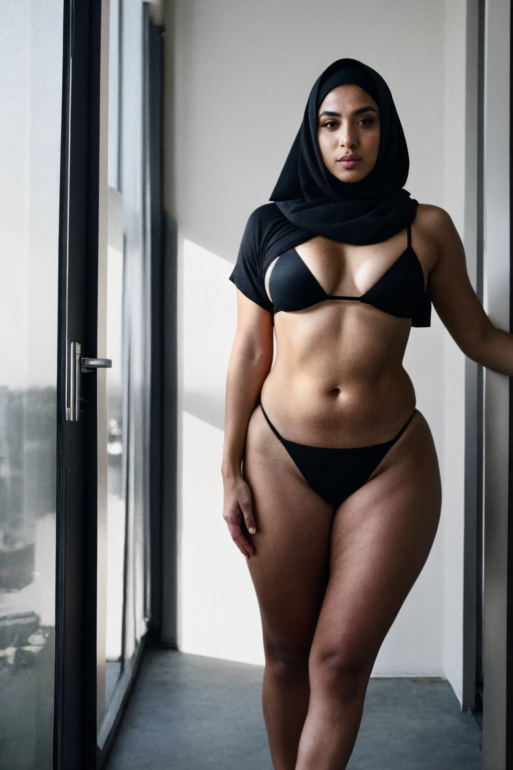 RAW photo,dark,moody,hazy atmosphere,35mm focal lenght,underexposed,cold,candid photograph,artistic,full body,photo of a beautiful,influencer,25yo Iranian woman,hijab,detailed skin,fully naked,looking at viewer, thick body structure,yellow background,no background, candid pose,dim room,blue light, film grain, kodak color, instagram LUT