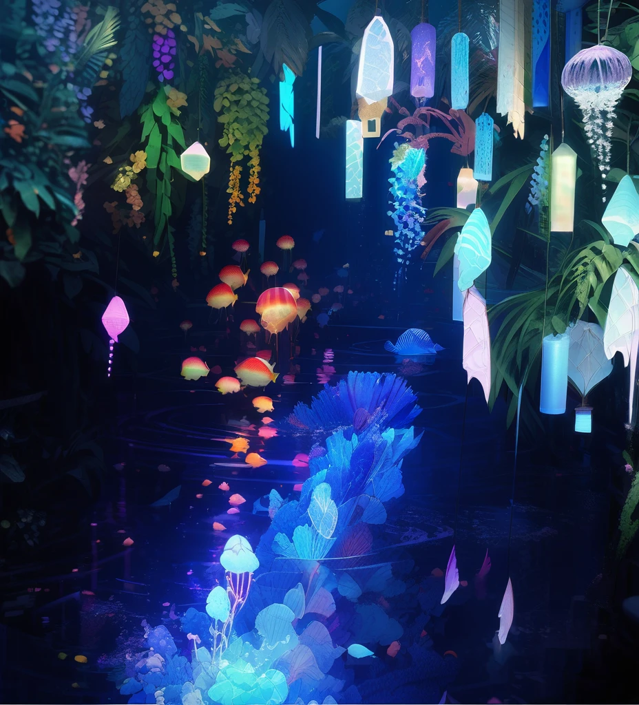 Luminescent objects, beautiful, Very detailed, "Patchwork embroidery": UV black light line art painting of a beautiful translucent jellyfish on the ocean floor, sea fish, Colorful corals, From WETA FX and Industrial Light &amp; Magic, Inspired by Yayoi Kusama、Exquisite and detailed RTX-enhanced CGI rendering, pastel, Intricate details, High resolution, Beautifully photographed, Surreal, Sharp focus,  Megapixels, Perfect composition, High Contrast, Cinematic, Atmospheric, Sulky