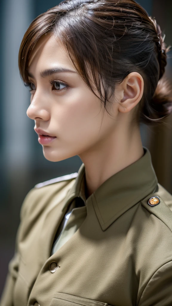 (16k, RAW photo, highest quality, masterpiece 1.2), professional photo, hyperrealism, super high resolution, super detailed face, detailed skin, anatomically correct, highly detailed nose, highly detailed legs, high detail, cinematic aesthetics, multi award winning photo, highly detailed beauty, precise, beautiful Japanese woman, soldier, (shaved head 1.2), military uniform