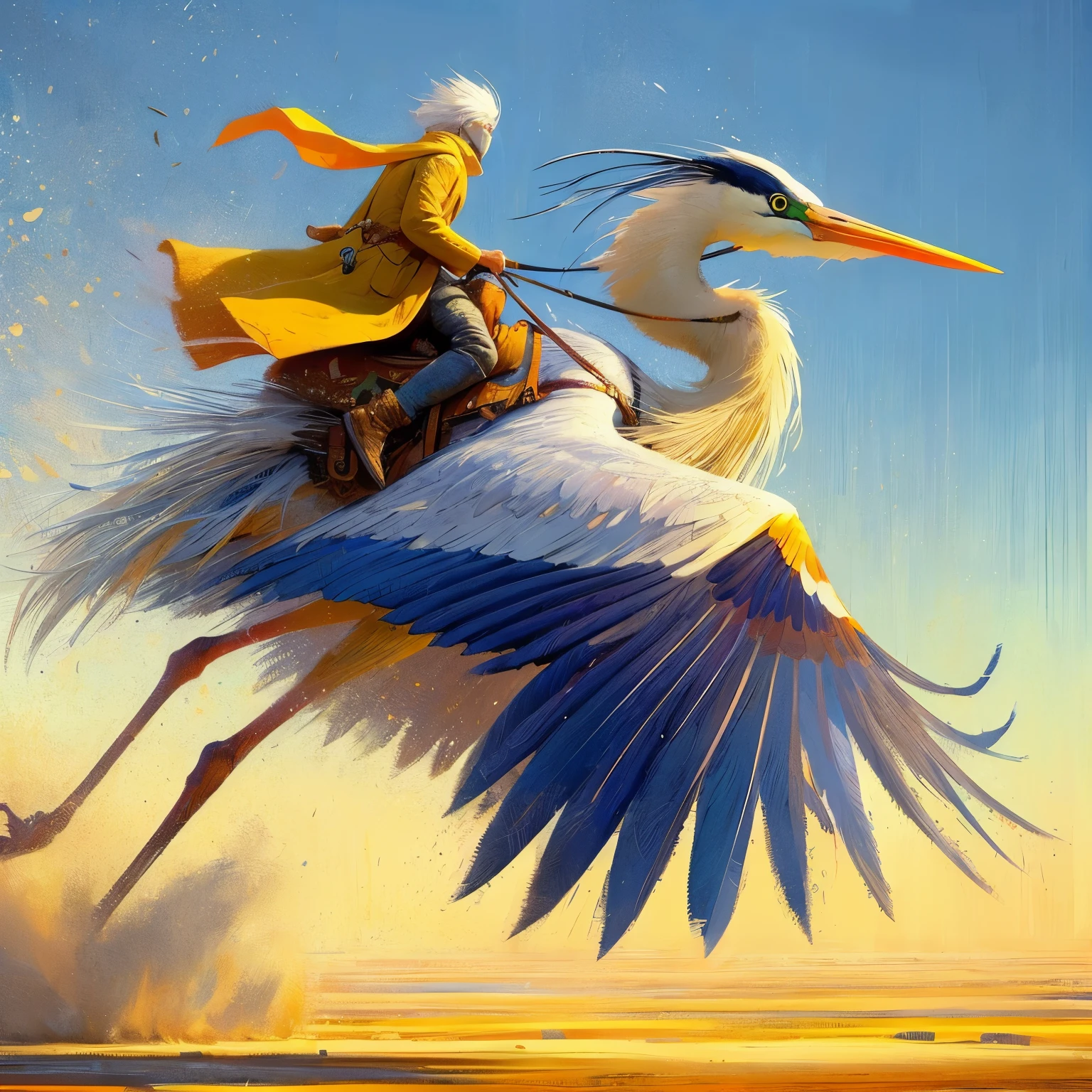 create a main character an 20 foot tall large two legged bird carrying a white haired man in a saddle, two leg bird similar to the great blue heron, the bird is sattled, the bird has only two legs, bird only has two legs, in a beautiful flat desert landscape of a 3d video game vista, dynamic pose, riding a giant tall blue heron bird, Jean Giraud, extreme long shot, in splash impressionist art style, the main character wears a long yellow tan trench coat with hood and tinted goggles, endless miles of blowing sand dunes, riders in the far distance, blue skies with billowing white clouds pink tinged, blowing boiling swirling wind, blowing leaves of grass, dark yellow and azure, majestic, sweeping seascapes, photorealistic representation, graceful balance, wimmelbilder, Andrew Wyeth, orange, Leaves of Grass, in the art style of Jean Giraud,flynnrider
