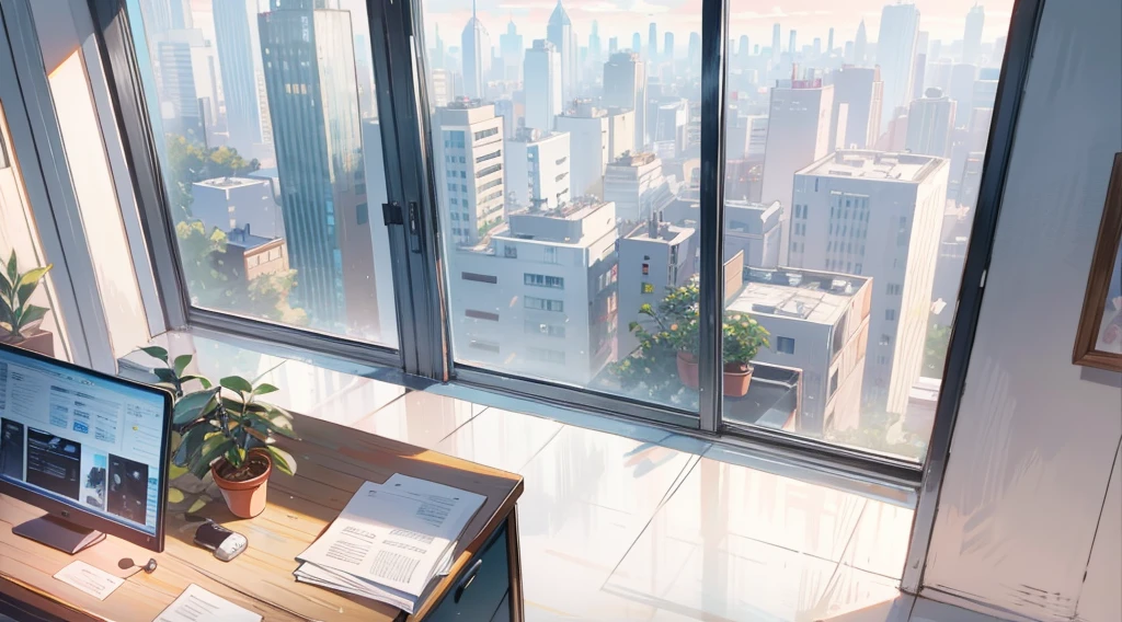 （best quality，masterpiece：1.2，detailed details，4k）， office, president's office, floor-to-ceiling windows, potted plants, computers and documents on the desk, top-down view scene,
