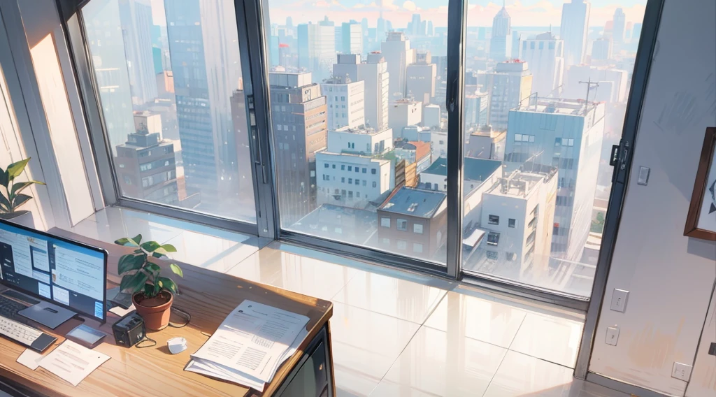 (best quality,masterpiece:1.2,detailed details,4k), office, president's office, floor-to-ceiling windows, potted plants, computers and documents on the desk, top-down view scene,