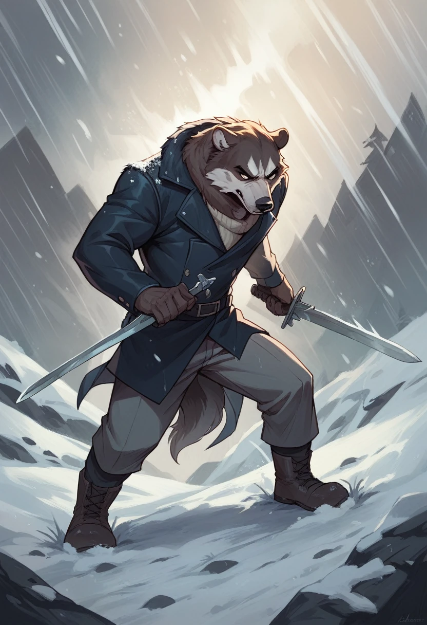 A husky, snow, storm, holding a sword in the bear, battle, evil specter