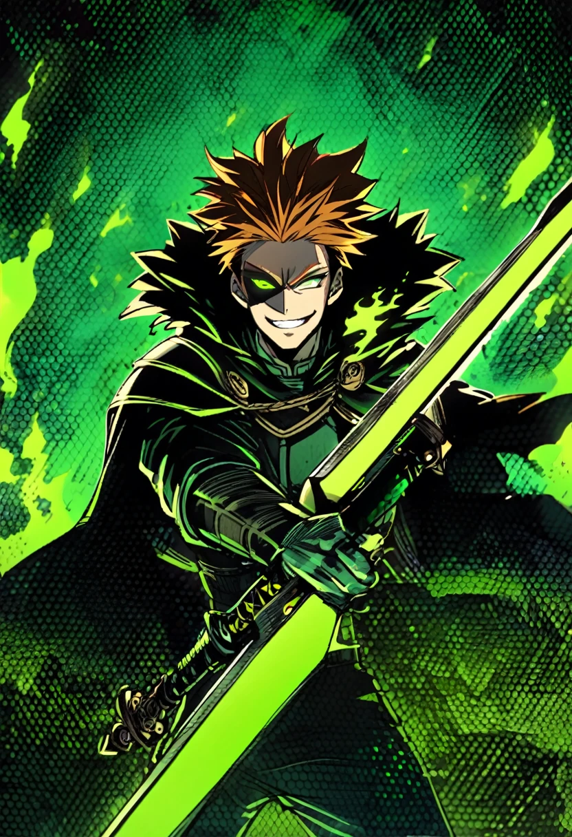 A man, oranged hair, eyes bulging, smiling widely like a pshycopat, green eyes, green colored fire ignited on his left eye, holding greatsword on his shoulder, wearing lion hide cape.