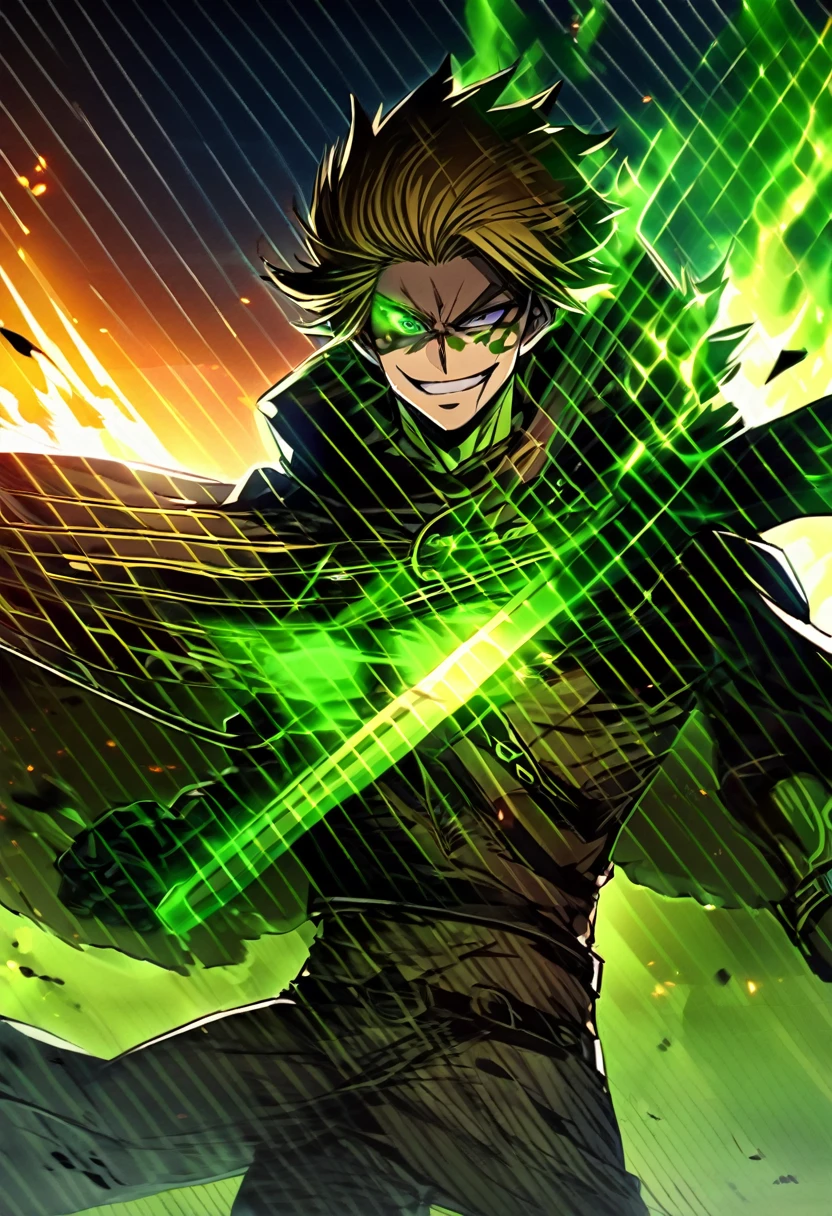 A man, oranged hair, eyes bulging, smiling widely like a pshycopat, green eyes, green colored fire ignited on his left eye, holding greatsword on his shoulder, wearing lion hide cape.