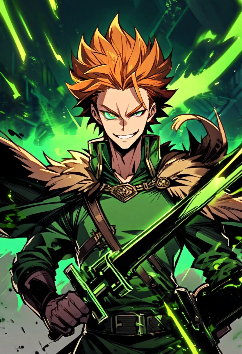 A man, oranged hair, eyes bulging, smiling widely like a pshycopat, green eyes, green colored fire ignited on his left eye, holding greatsword on his shoulder, wearing lion hide cape.