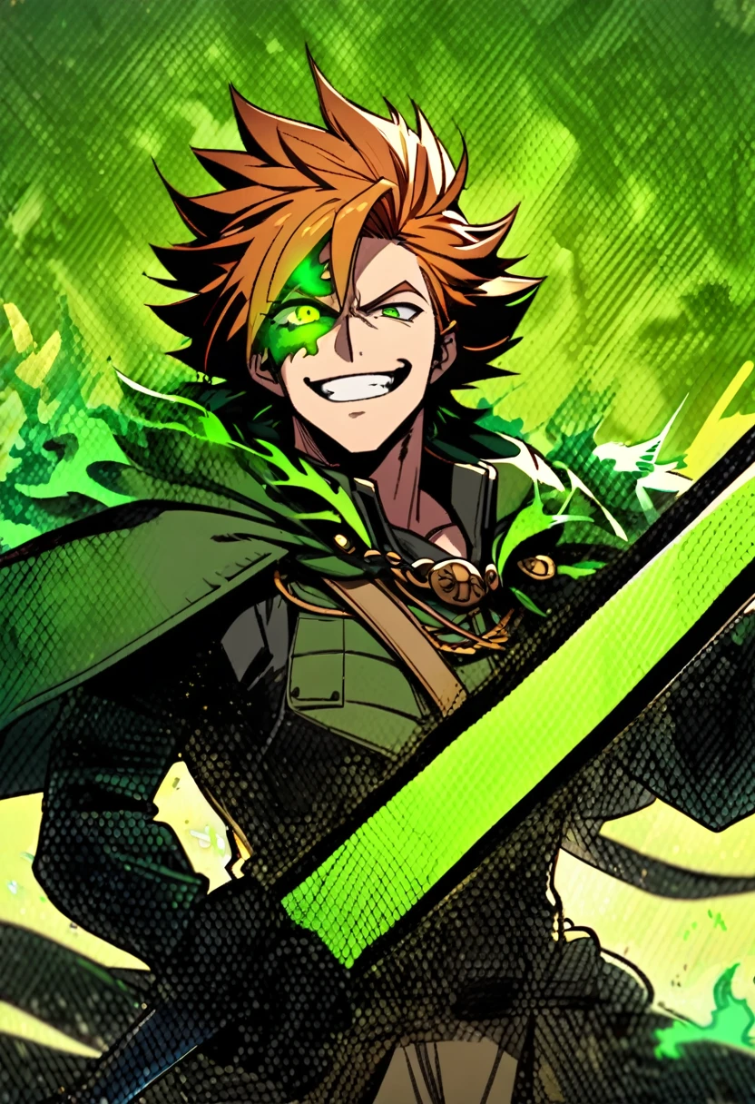 A man, oranged hair, eyes bulging, smiling widely like a pshycopat, green eyes, green colored fire ignited on his left eye, holding greatsword on his shoulder, wearing lion hide cape.