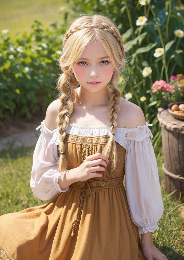 draw a young rich girl from Russia of the 15th century in a sundress with a braid, maybe a merchant’s daughter 
Slavs, village, simple girl, ethnic motifs, blonde, long braid