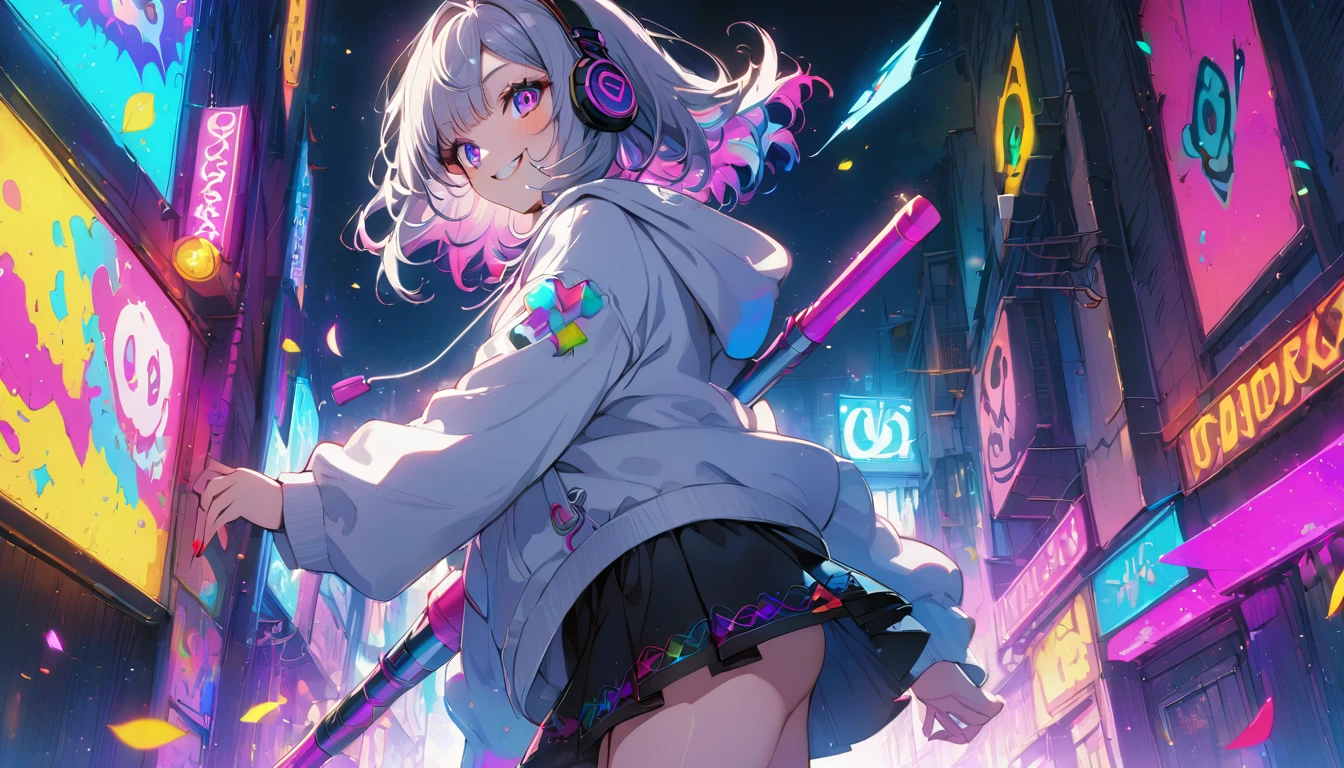 ((Masterpiece)), ((best quality)), (Anime:1.3), (super detail:1.2), (High Definition:1.3), (Professional Photography:1.3), cute young Girl, (Toy Rocket launcher on the shoulder), Glossy unruly hair, (loose swept bangs), (silver ash hair), medium hair, big eyes, (Eye bags:1.3), (Long eyelashes), colorful eyes, (evil smile and blush), Glossy lips, (jagged teeth), farewell, (white hoodie with oversized), (black mini skirt), barearms, cute, (colorful:1.3), gothic makeup, (wearing headphone), neon-lit, pretty, Celtic, maniac, gazing skyward, colorful petals dance around, at street, (from side:1.3),