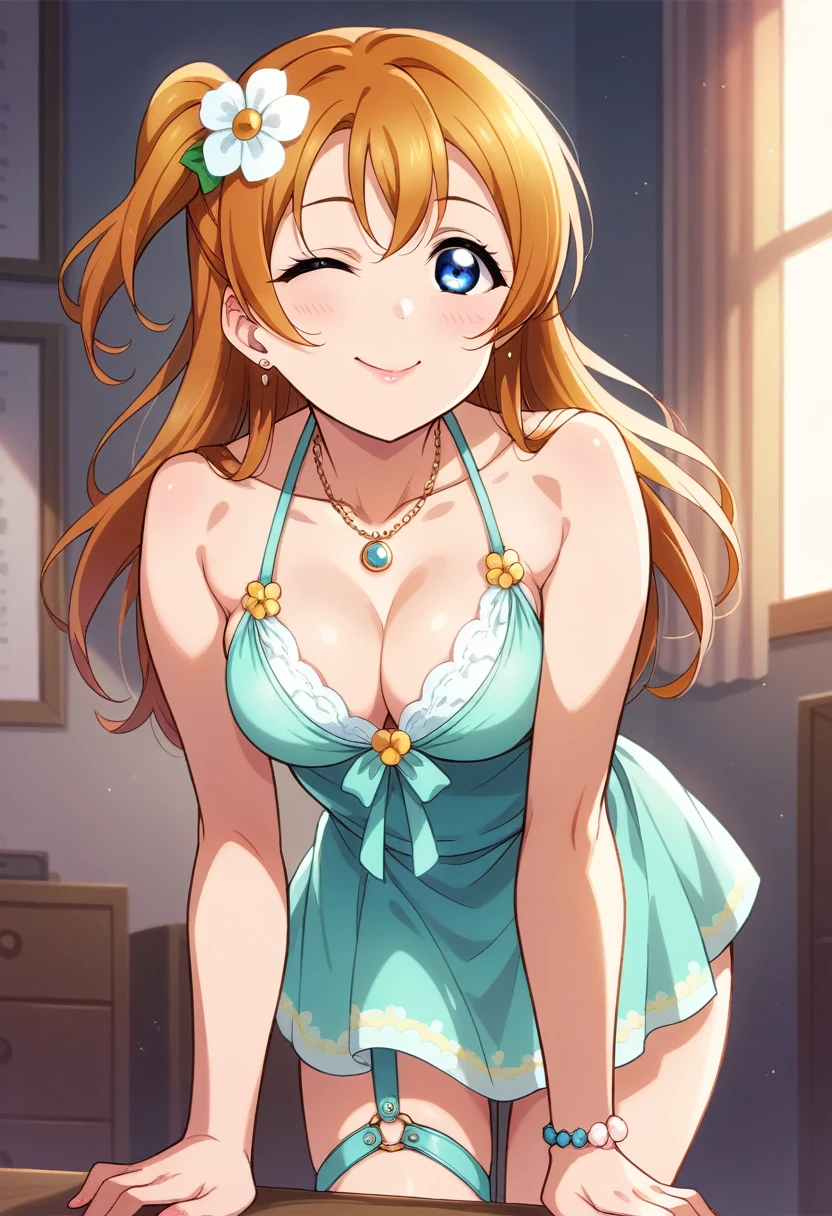 Honoka kousaka love live, cowboy shot, blue eyes, orange hair,hair flower, solo, Fashion , bshoulders, perfect eyes, Perfect iris，Perfect skin，Soft front light，Casual，indoors；（pastel colour:1.2）, halter neck,thin straps , sexy,(lipstick:0.8), breasts ,sexy pose,wink, (slightly bent over:0.8), bottom up , detailed breasts 