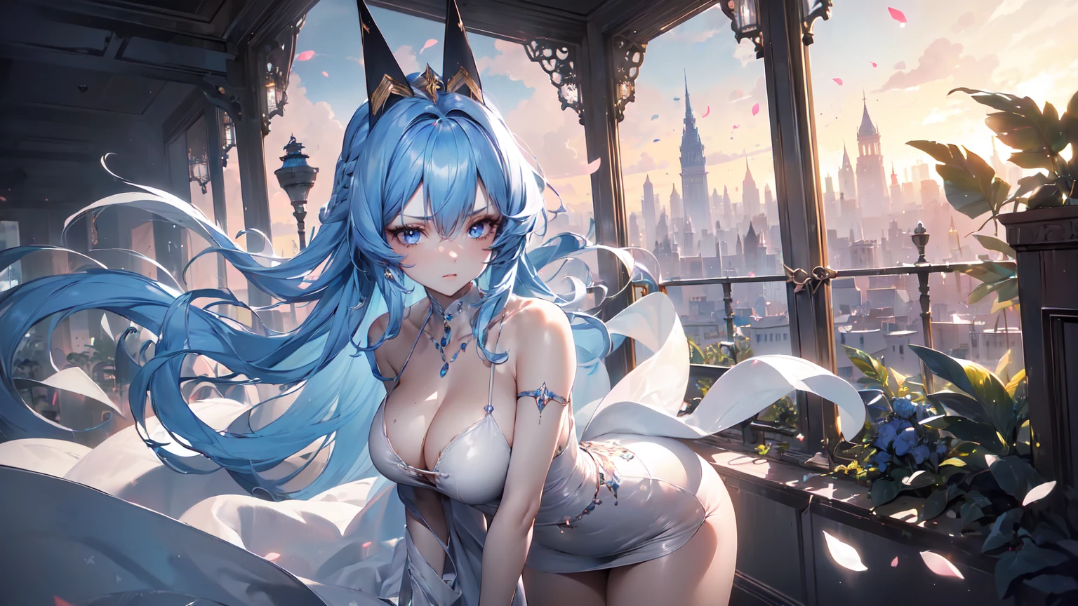 ((((Obra maestra, La mejor calidad, ultrahigh resolution)))), 1girl, standing,), ((long pure blue hair, hair over eye)), long hair cut, shiny skin, ((blue eyes)), glowing_eyes, neon eyes, (ultra detailed eyes:0.7, beautiful and detailed face, detailed eyes:0.9), ((centered)), smirk, facing viewer, ((vibrant background, dark lighting, summer, sunlight)), large chested, looking at viewer, ((half closed eyes)), ((perfect hands)), (((head:1, arms, hips in view, elbows, in view))), ((hands behind back)), empty eyes, beautiful lighting, ((outside, outdoors)), defined subject, head tilt, (((gritty)), ((creepy)), ((cool)), ((beautiful)), (((SFW))), hair ornament, petals in the air, moon in the sky, city, mature woman, adult woman, sfw, pink and white dress, night dress, she is a princess