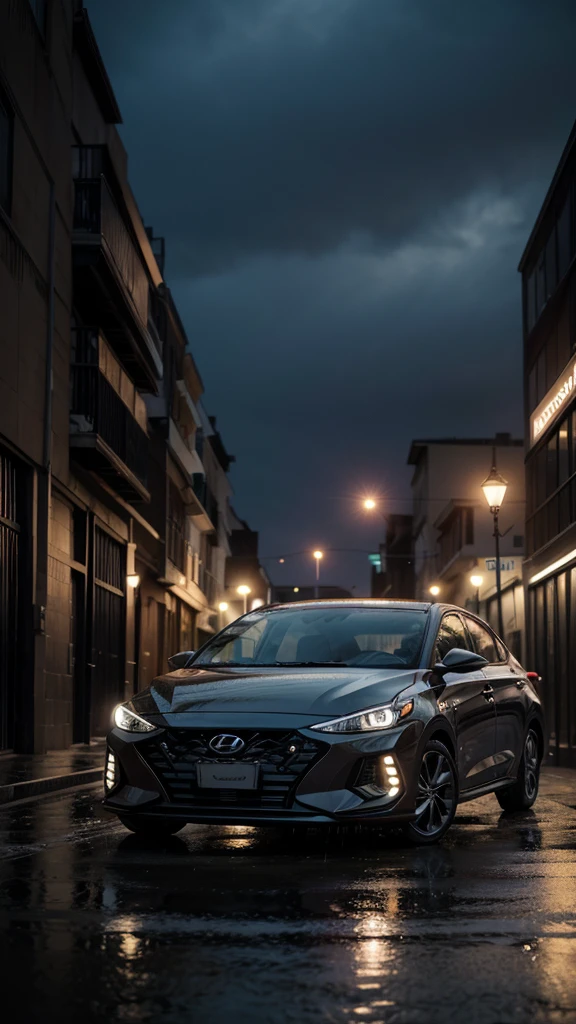 Hyundai elantra 2024 black in a raining city on a sunset