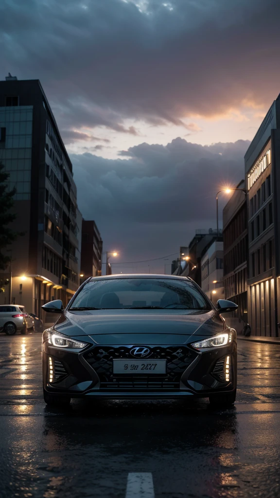Hyundai elantra 2024 black in a raining city on a sunset